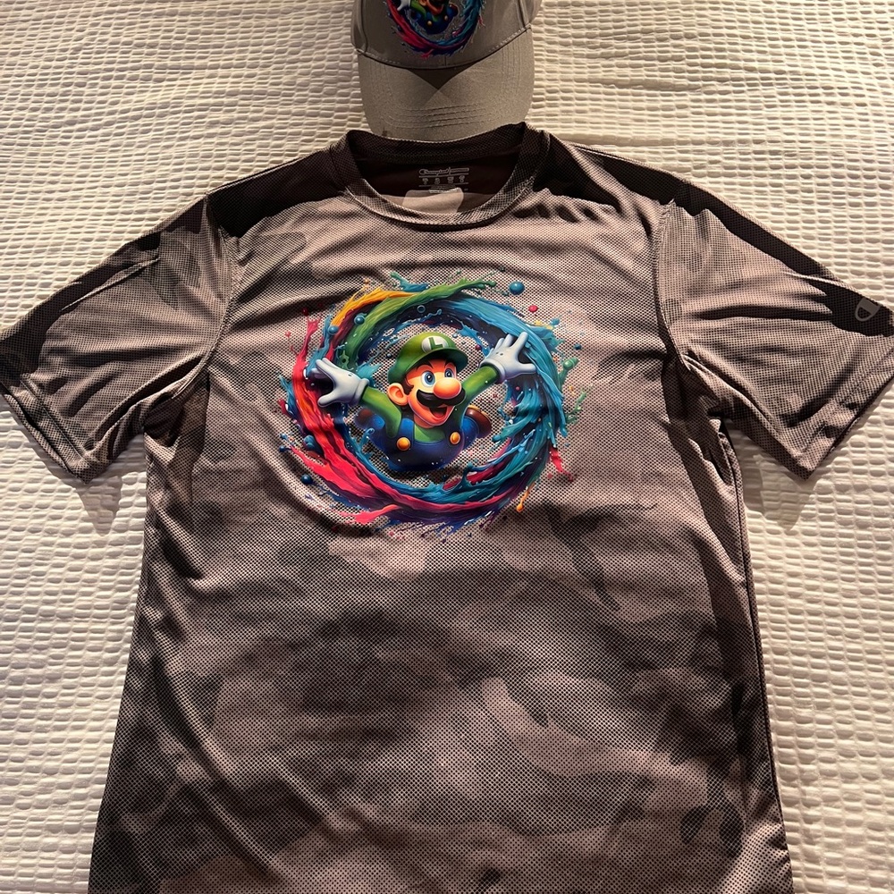 Mario brothers iron on placed on t shirt and hat both gray (size) small 34-40